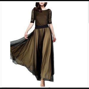 Miusol Dot Mesh Sleeves Black with Tan Undelay Woman’s Maxi Dress Size Medium